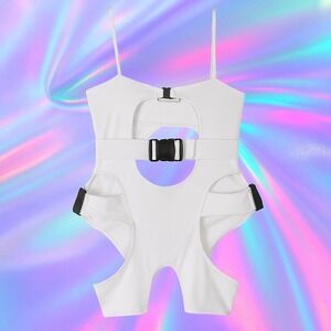 LIPT Bodysuit Womens Small White Lycra Cutout Strappy Buckled Rave Festival Club